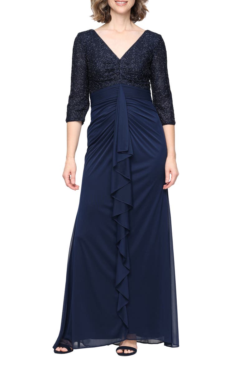 Sequin Bodice Empire Waist Gown, Main, color, NAVY