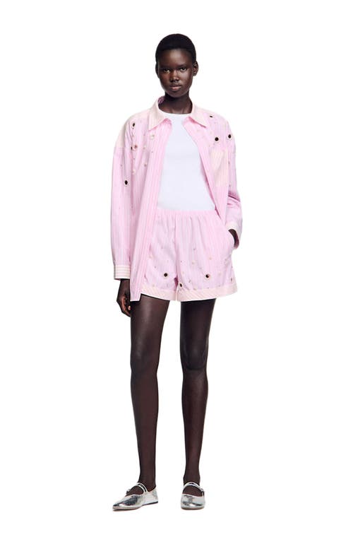 Sandro Womens Roses Embellished Striped Cotton Shirt In Pink