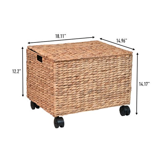 Happimess Ashton Classic Farmhouse Handwoven Hyacinth Rolling Filing Basket With Lid And 360 Degree In Natural