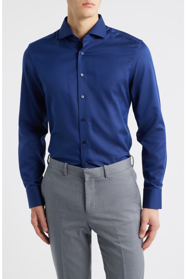 Slim Fit Solid Non-Iron Cotton Dobby Dress Shirt, Main, color, NAVY
