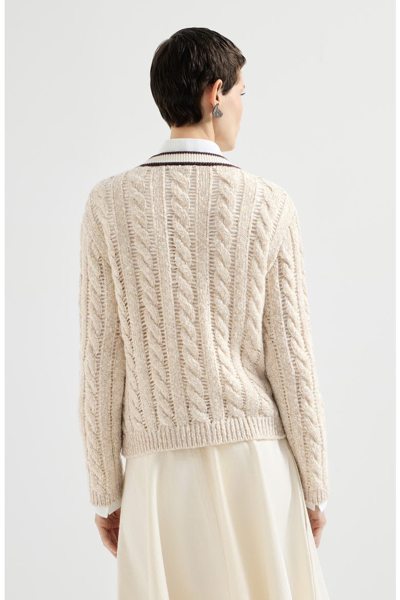 Soft virgin wool and cashmere diamond yarn cable knit cardigan, Alternate, color, Cream