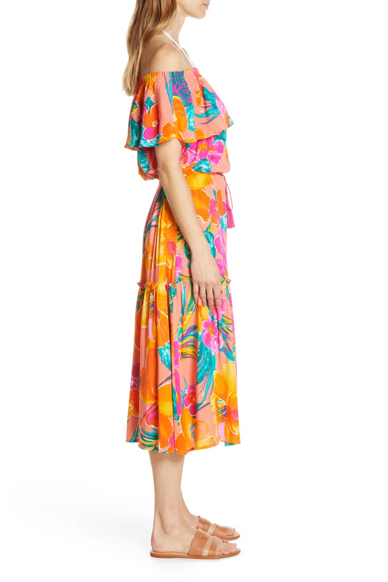 Isla Off the Shoulder Cover-Up Midi Dress, Alternate, color, HOT CORAL
