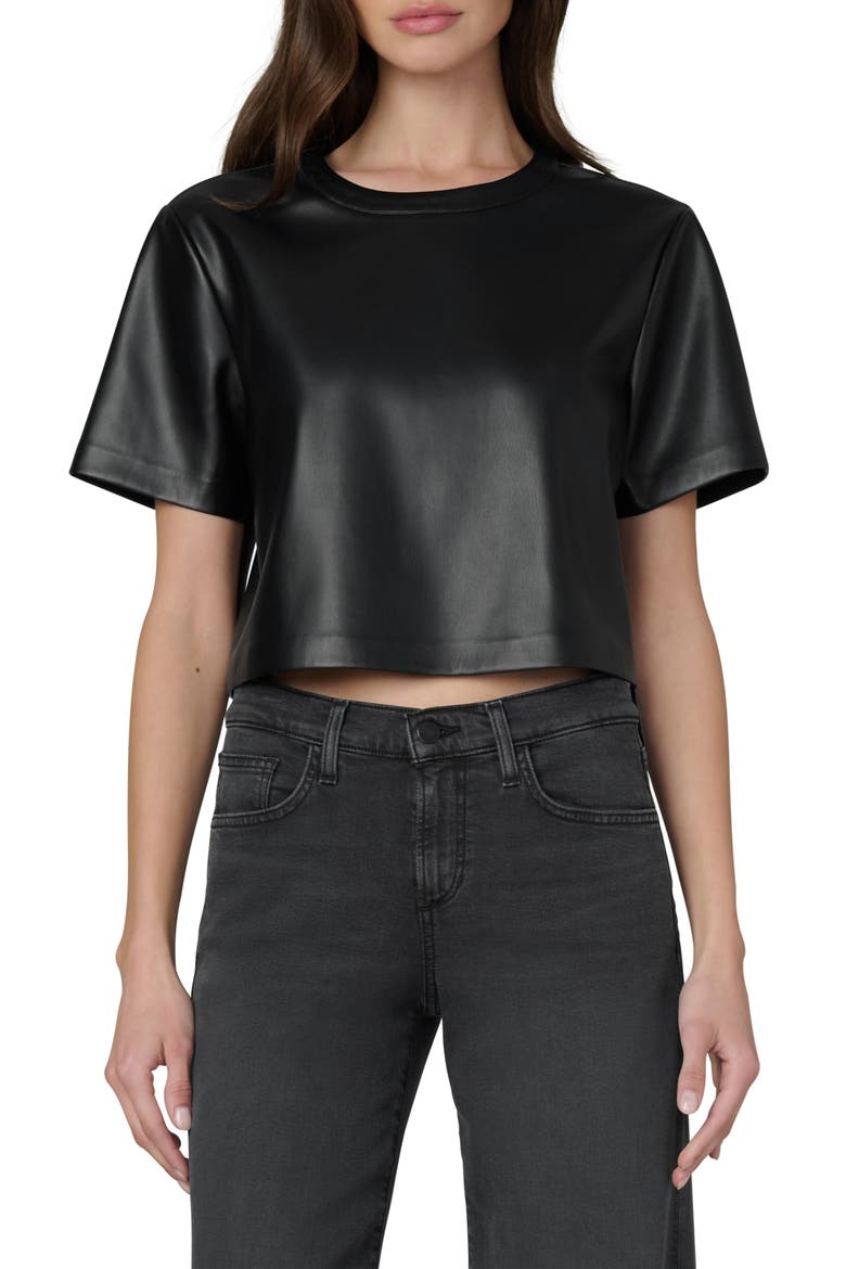 The Boxy Crop Faux Leather T-Shirt, Main, color, BLACK