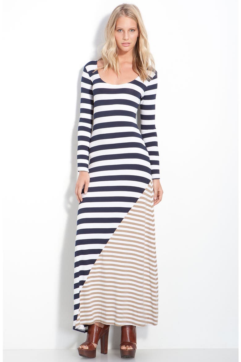 Asymmetrical Accent Stripe Maxi Dress, Main, color, NAVY/ CAMEL