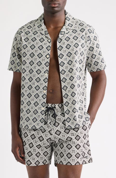 Didicot Tile Print Stretch Cotton Camp Shirt