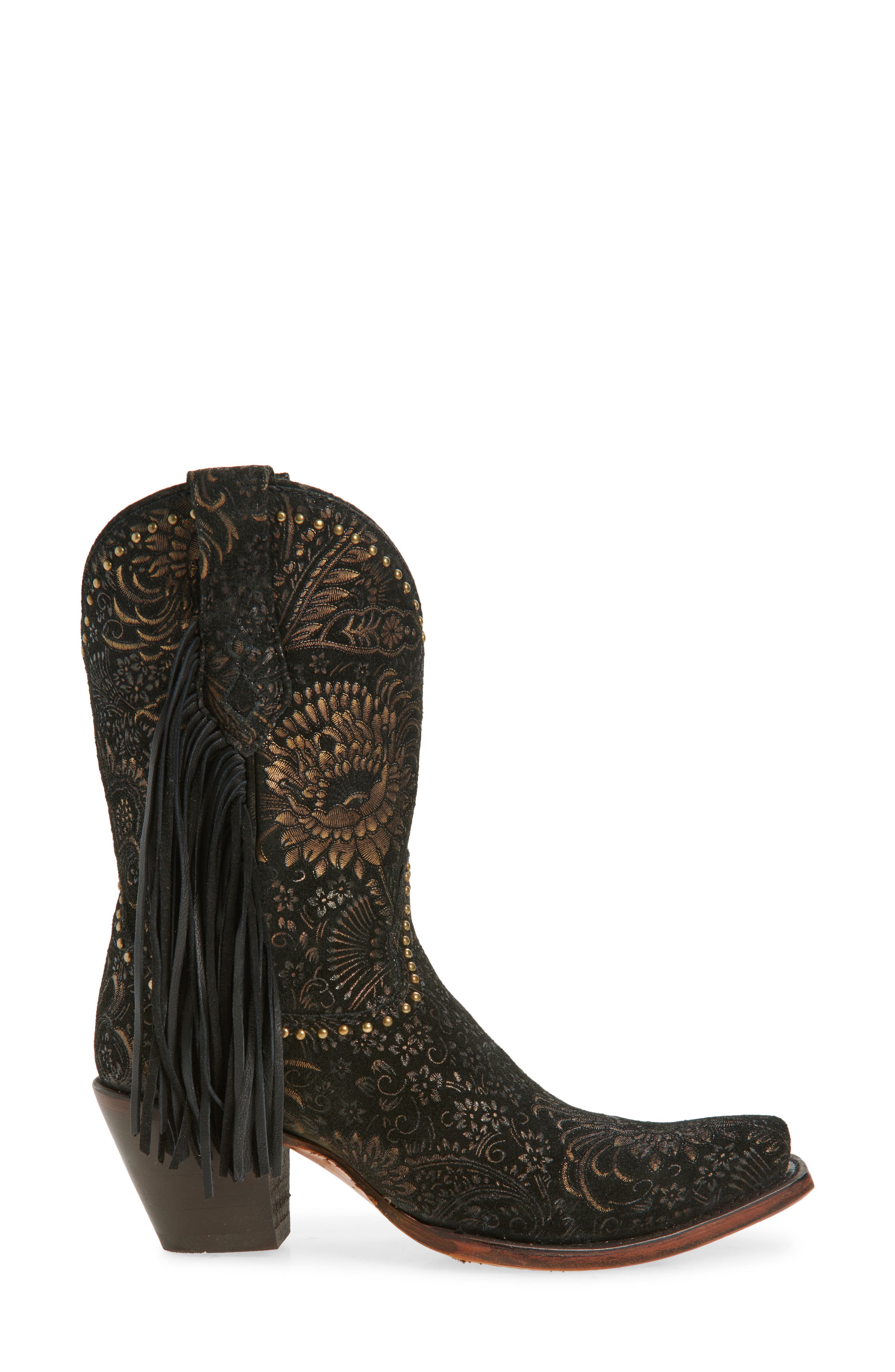 CORRAL Stamped Floral Fringe Western Boot, Alternate, color, Black/ Gold