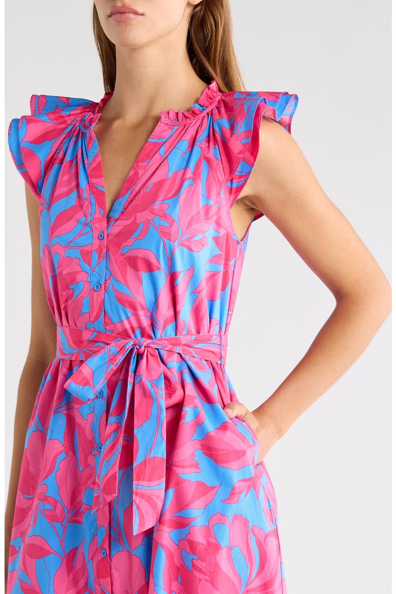 Floral Print Tie Waist Midi Dress, Alternate, color, PINK-BLUE