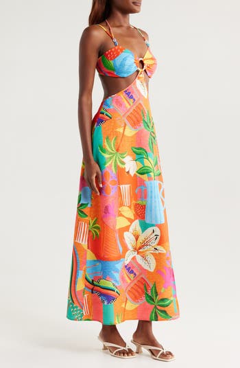 Cutout Printed Cover-Up Maxi Dress