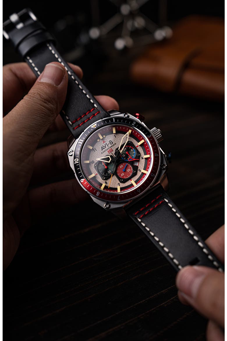 Hawker Hunter Atlas Hazard Red Dual Time Chronograph Leather Strap Watch, 43mm, Alternate, color, GREY