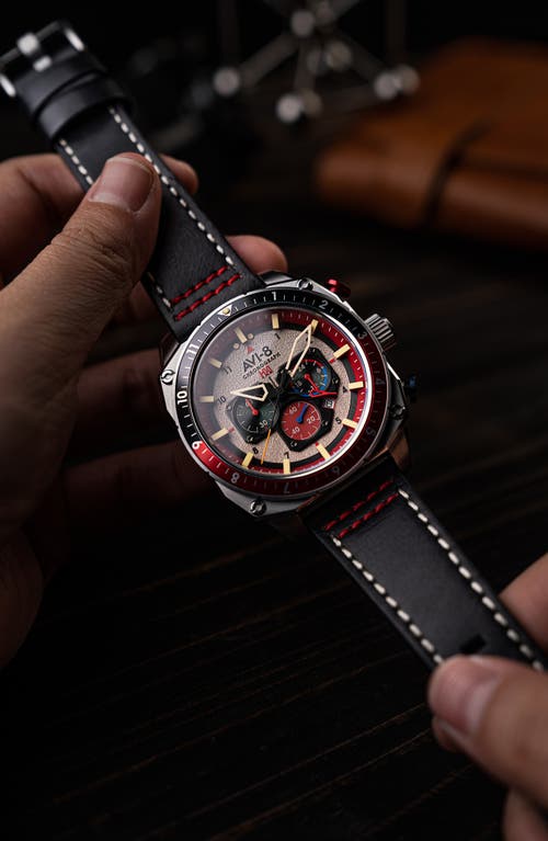 Avi-8 Men's Hawker Hunter Atlas Dual-time Chronograph Black Leather Strap Watch, 43mm In Black