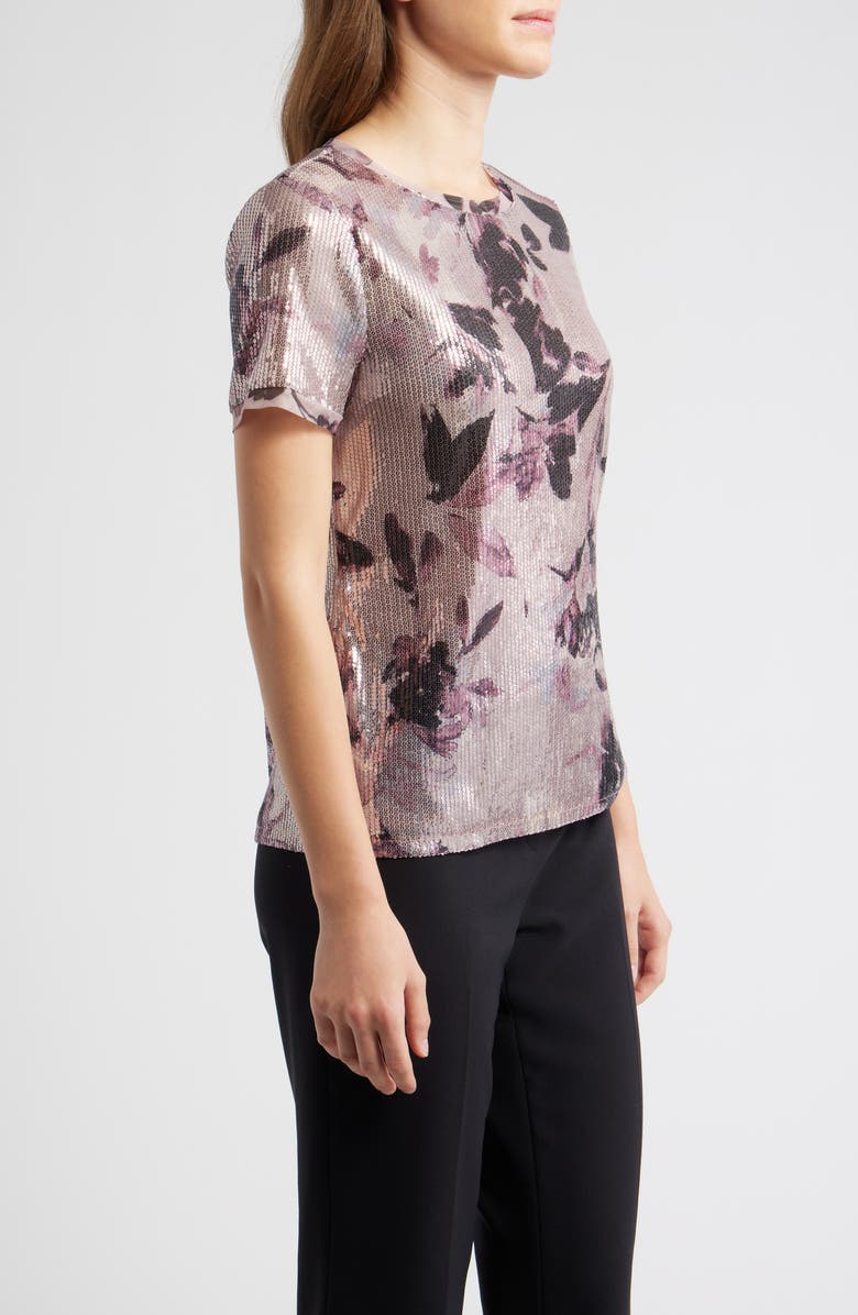 Anne Klein Floral Print Sequin T-Shirt, Alternate, color, 