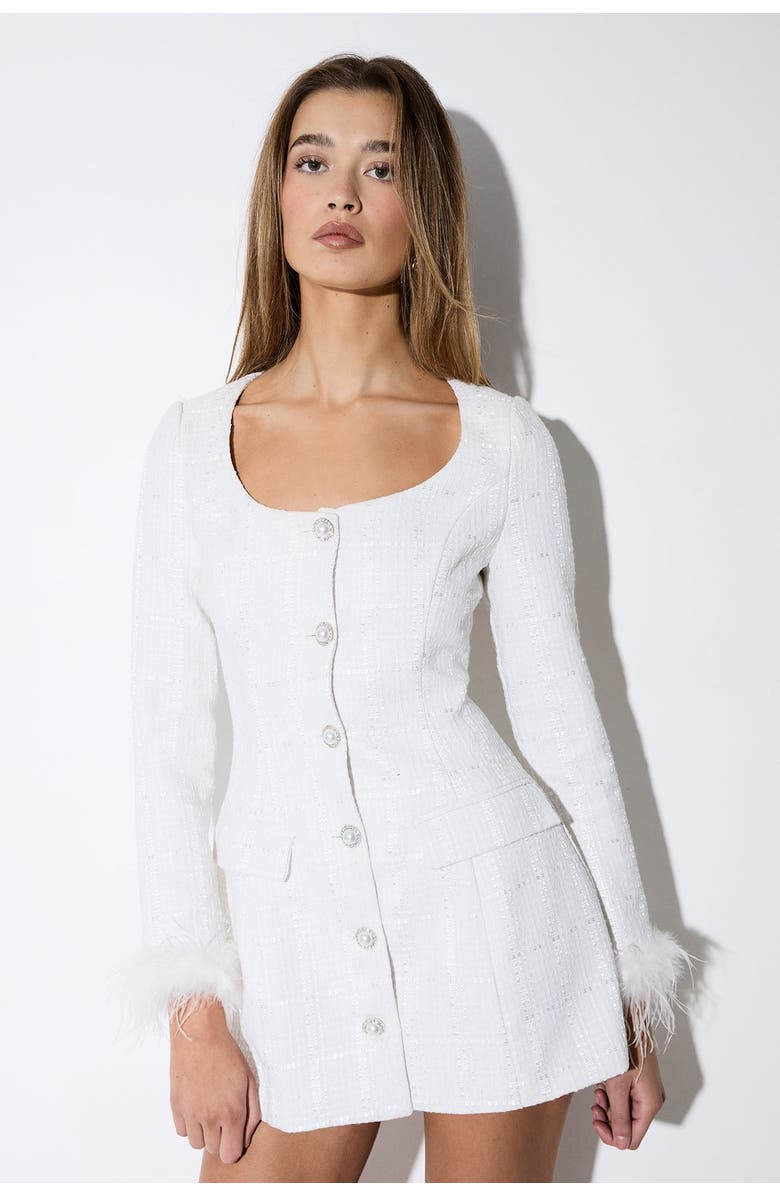 MissPap Boucle Feather Trim Mini Dress, Alternate, color, White