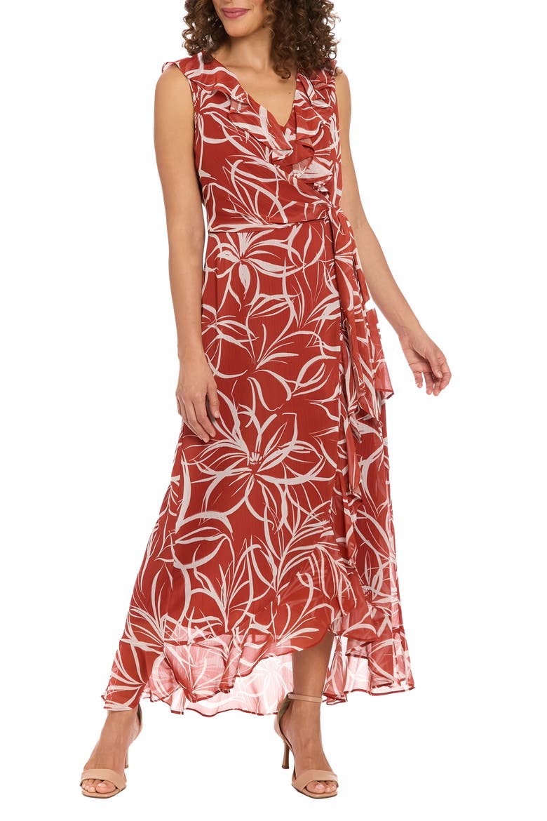 Ruffle Sleeveless Faux Wrap Dress, Main, color, BROWN/ WHITE