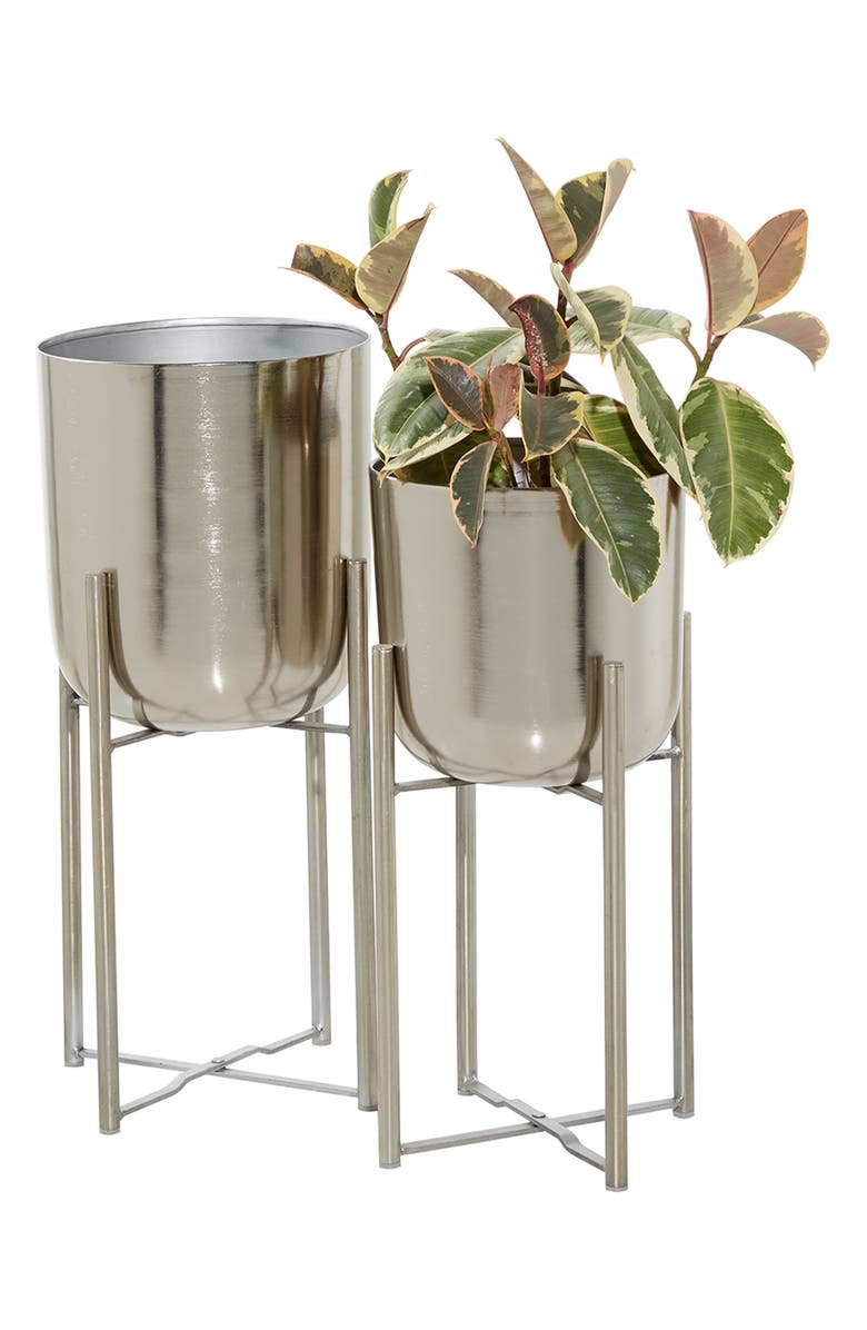 WILLOW ROW Silvertone Metal Glam Planter with Removable Stand - Set of 2, Alternate, color, Silver