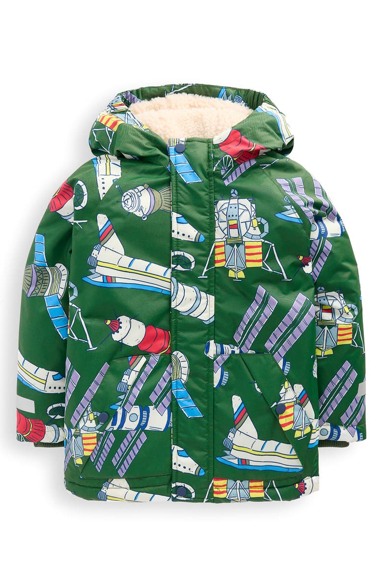 Mini Boden Kids' Space Graphic Hooded Coat, Main, color, Shady Green Satellites