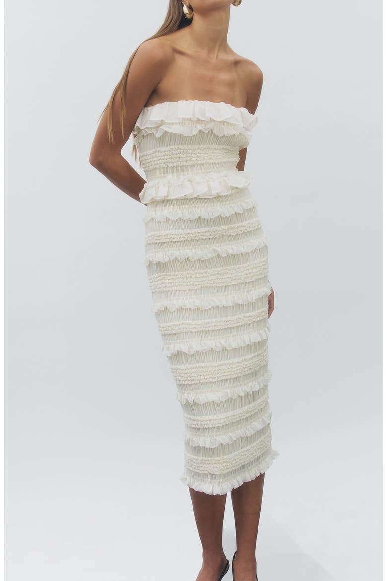 Annalise Shirred Ruffle Trim Tiered Midi Dress, Alternate, color, IVORY