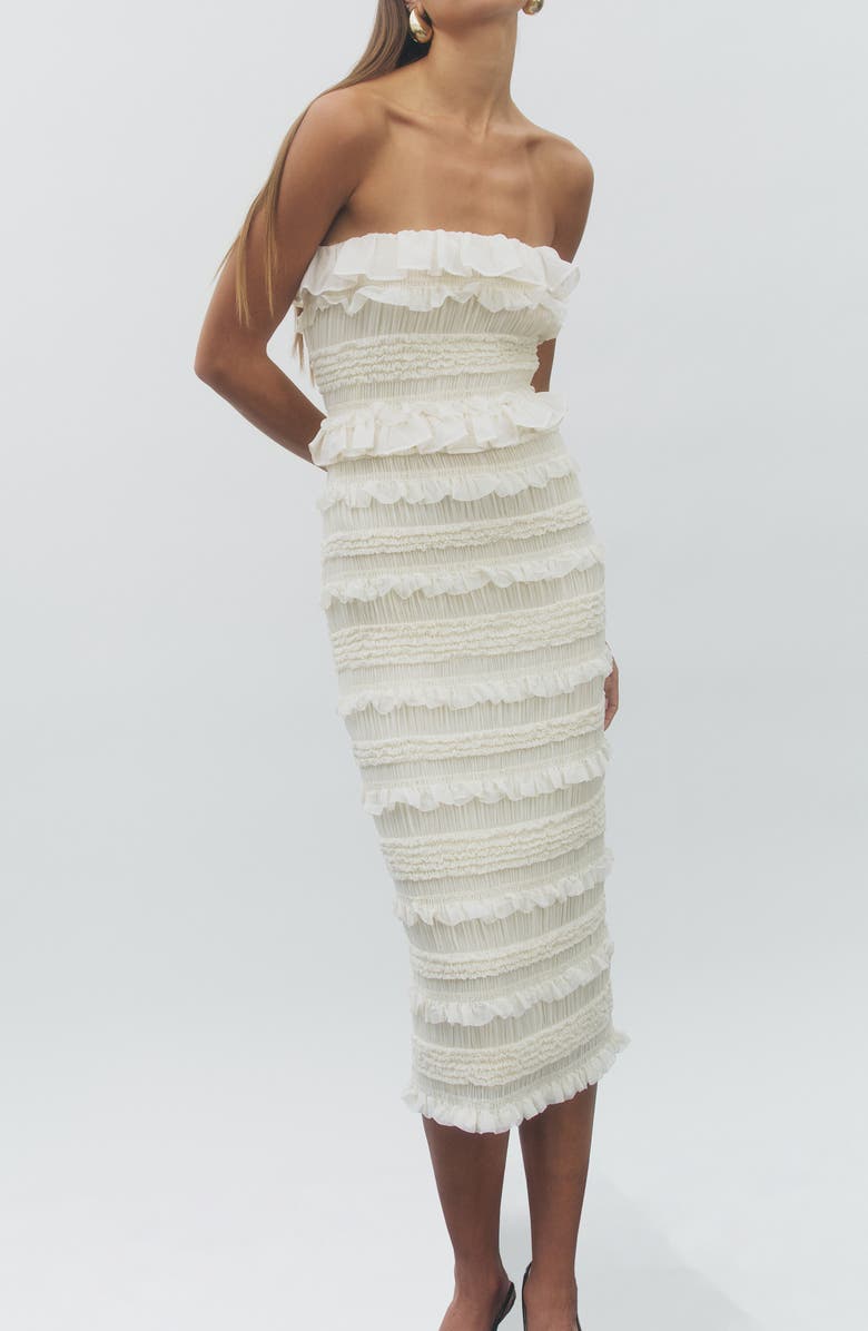 MAUDE CLUB Annalise Shirred Ruffle Trim Tiered Midi Dress, Alternate, color, Ivory