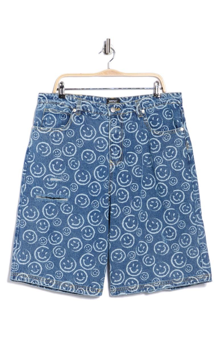 WeSC Smiley Face Long Denim Shorts, Alternate, color, Mid Wash