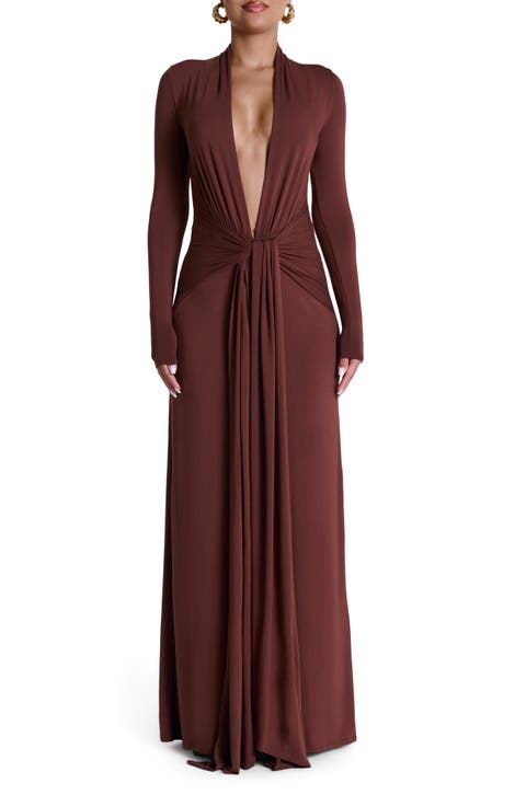 Plunge Neck Long Sleeve Stretch Jersey Maxi Dress