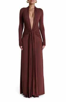 Naked Wardrobe Plunge Neck Long Sleeve Stretch Jersey Maxi Dress