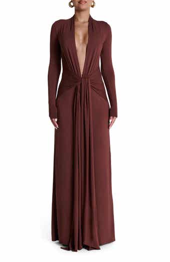 Naked Wardrobe Plunge Neck Long Sleeve Stretch Jersey Maxi Dress