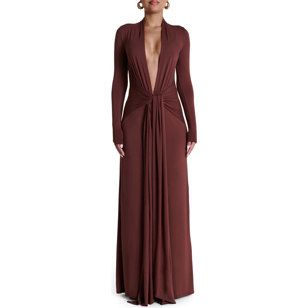 Naked Wardrobe Plunge Neck Long Sleeve Stretch Jersey Maxi Dress In Brown