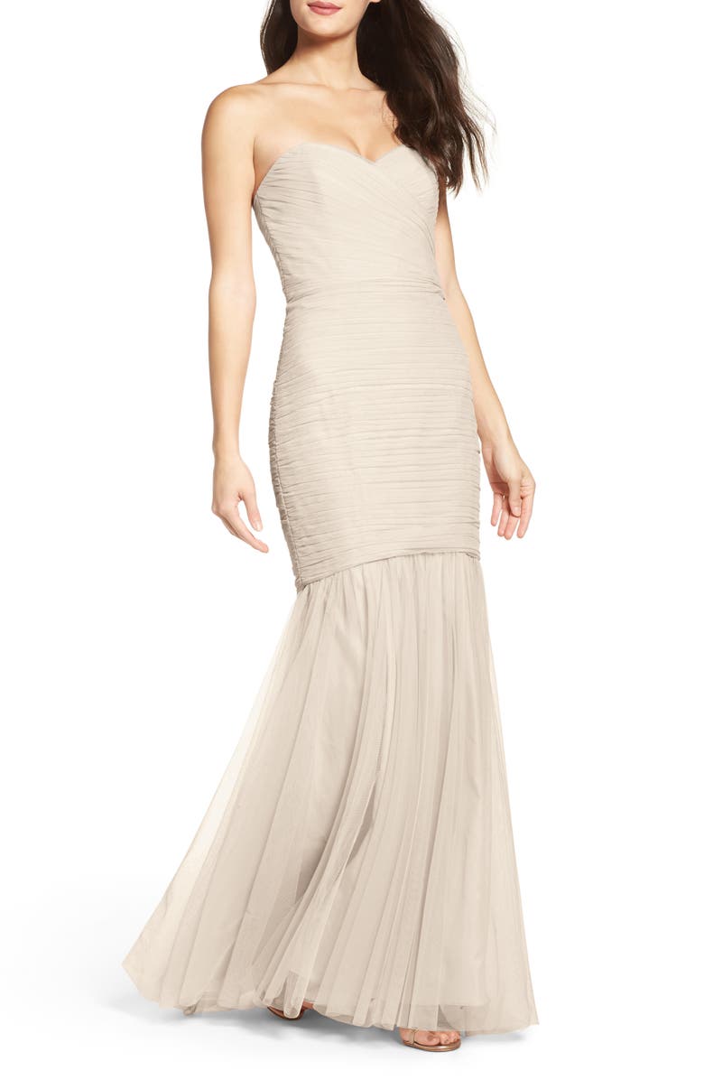 Amsale Strapless Crinkle Chiffon Gown, Main, color,
