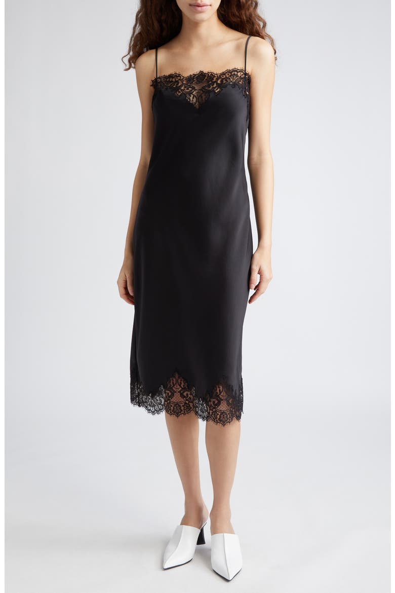 Iconic Lace Trim Double Face Satin Dress, Main, color, 1000 - BLACK