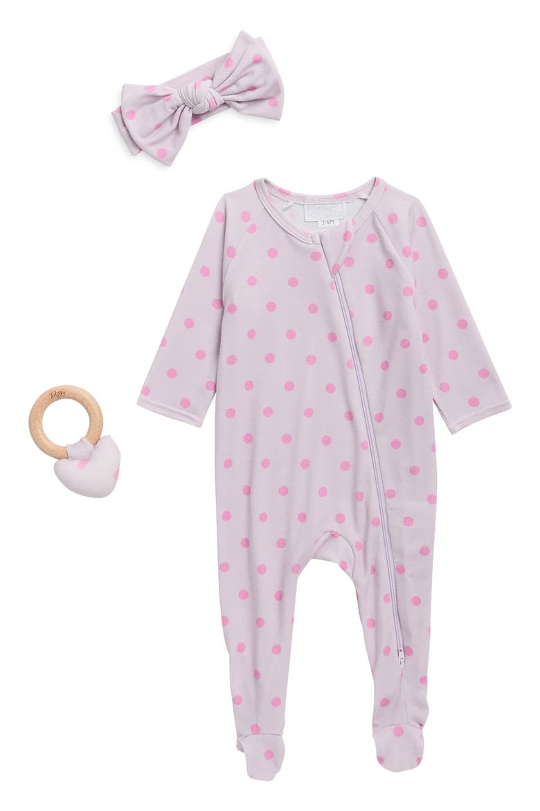 Kids' Polka Dot Footie, Headband & Rattle Set, Main, color, LIGHT LILAC