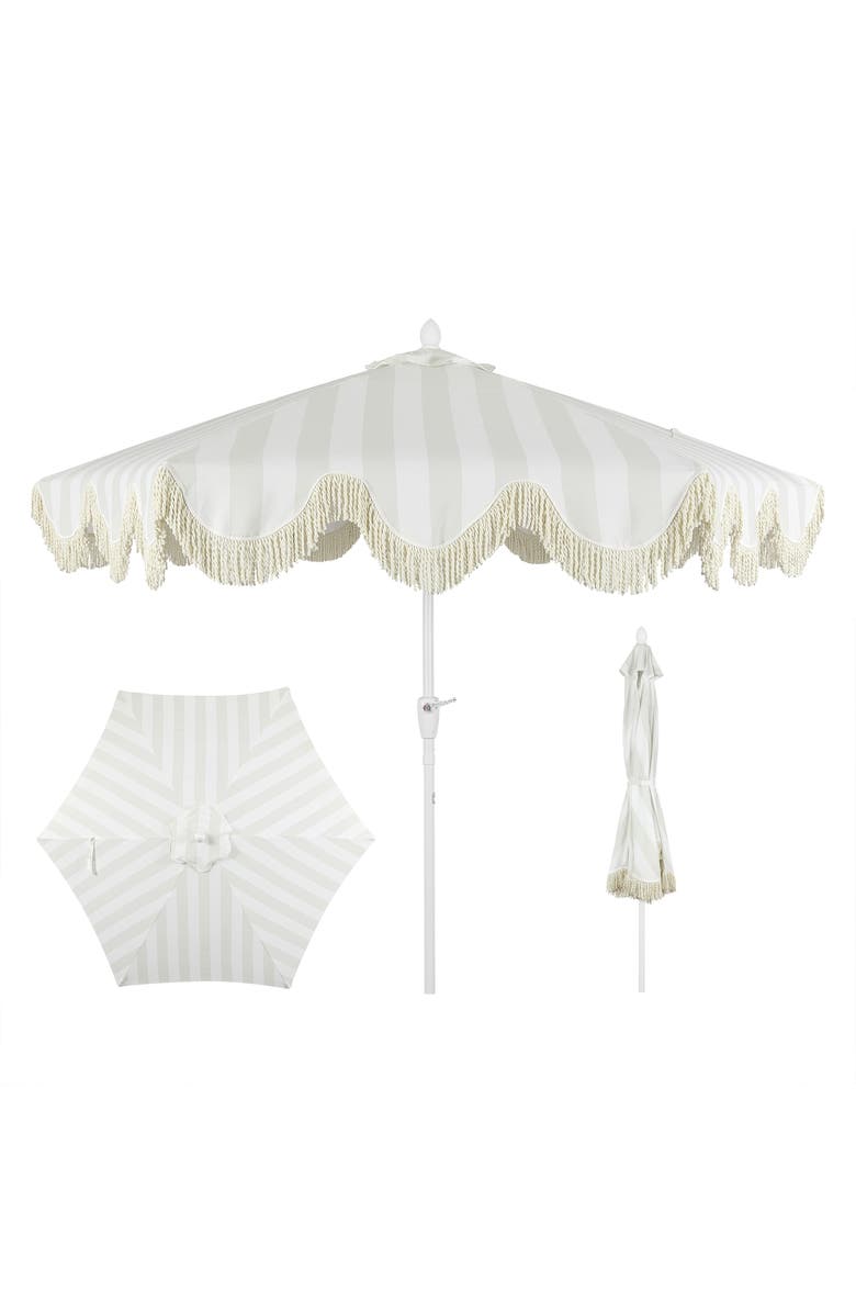 JONATHAN Y Collins 9 ft. Classic Cottage Fringe Tassel Market Patio Umbrella with Auto-Tilt Crank, Main, color, Light Gray - White Pole