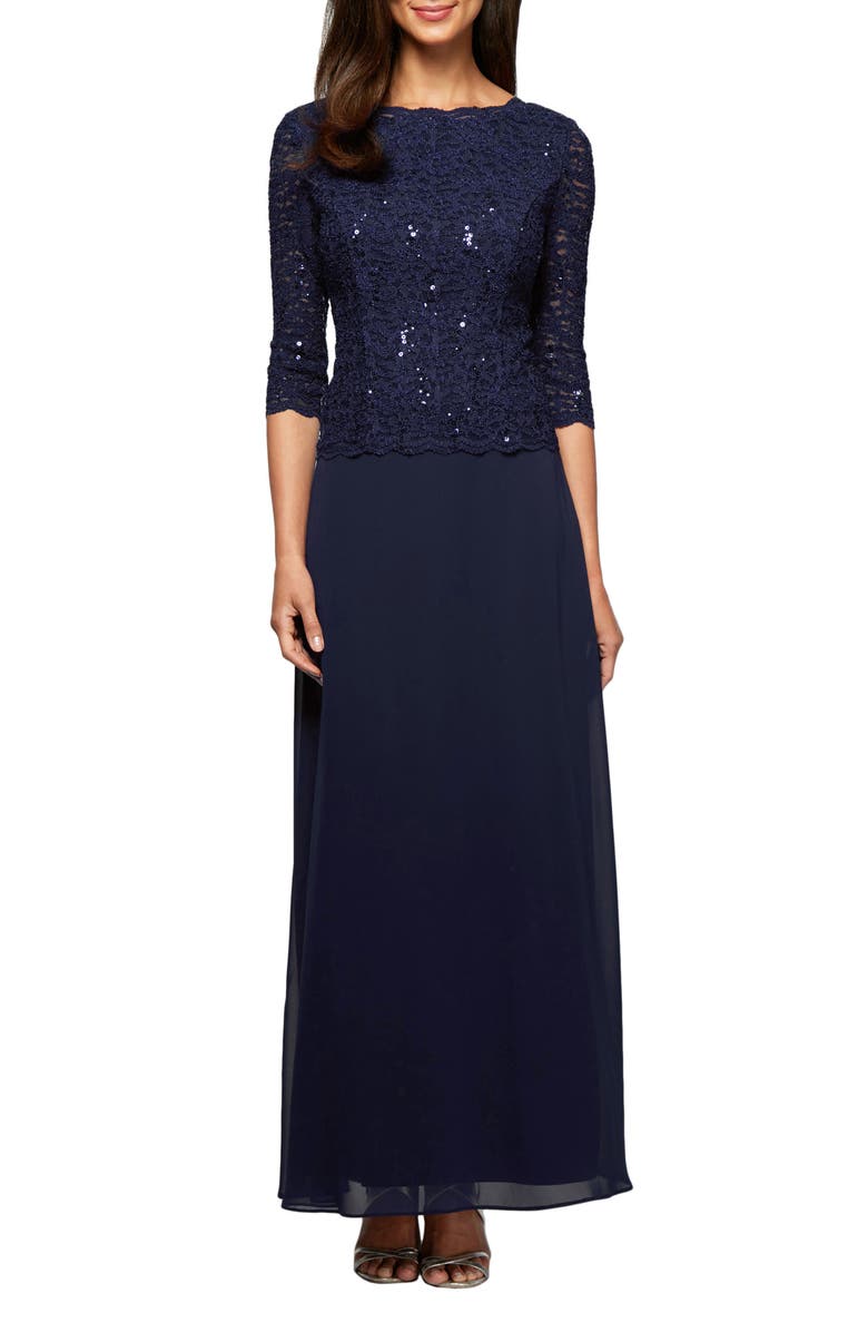 Alex Evenings Sequin Lace & Chiffon Gown, Main, color, Navy