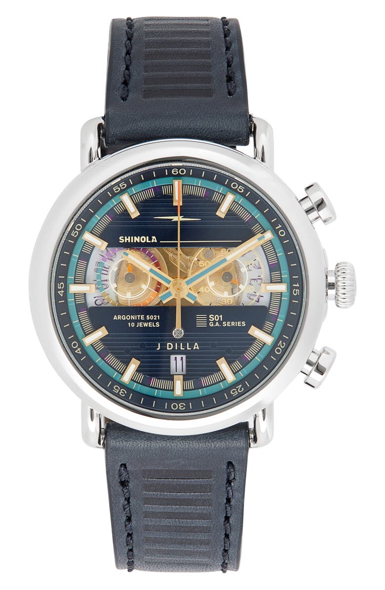Shinola Runwell J Dilla Leather Strap Chronograph Watch, Main, color,