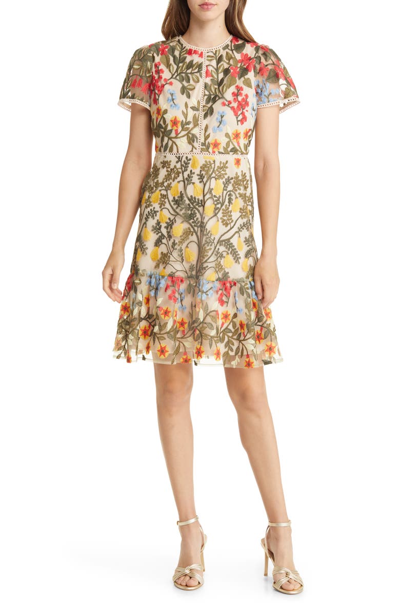 Tahari ASL Embroidered Short Sleeve Dress, Main, color, 