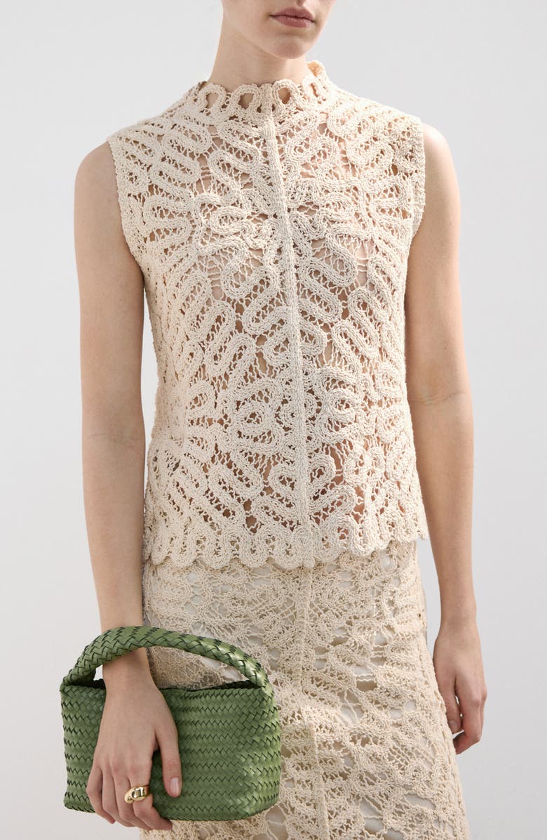MANGO Setenta Openwork Knit Mock Neck Top, Main, color, Sand