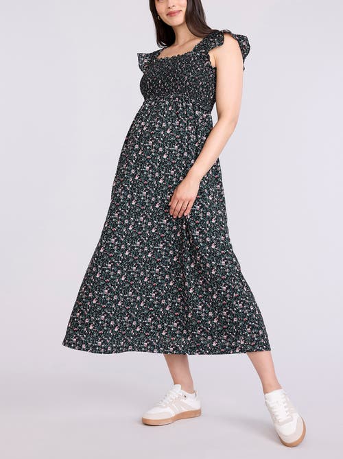 Motherhood Maternity Sleeveless Ruffle Shoulder Smocked Maxi Dress In Black
