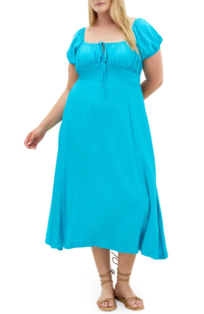 City Chic Abbigail Midi Peasant Dress, Main, color, Azure