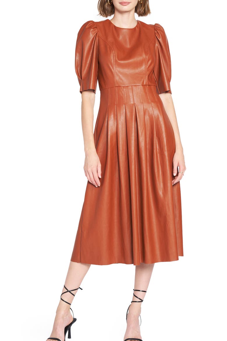 Faux Leather Puff Sleeve Midi Dress, Main, color, BROWN