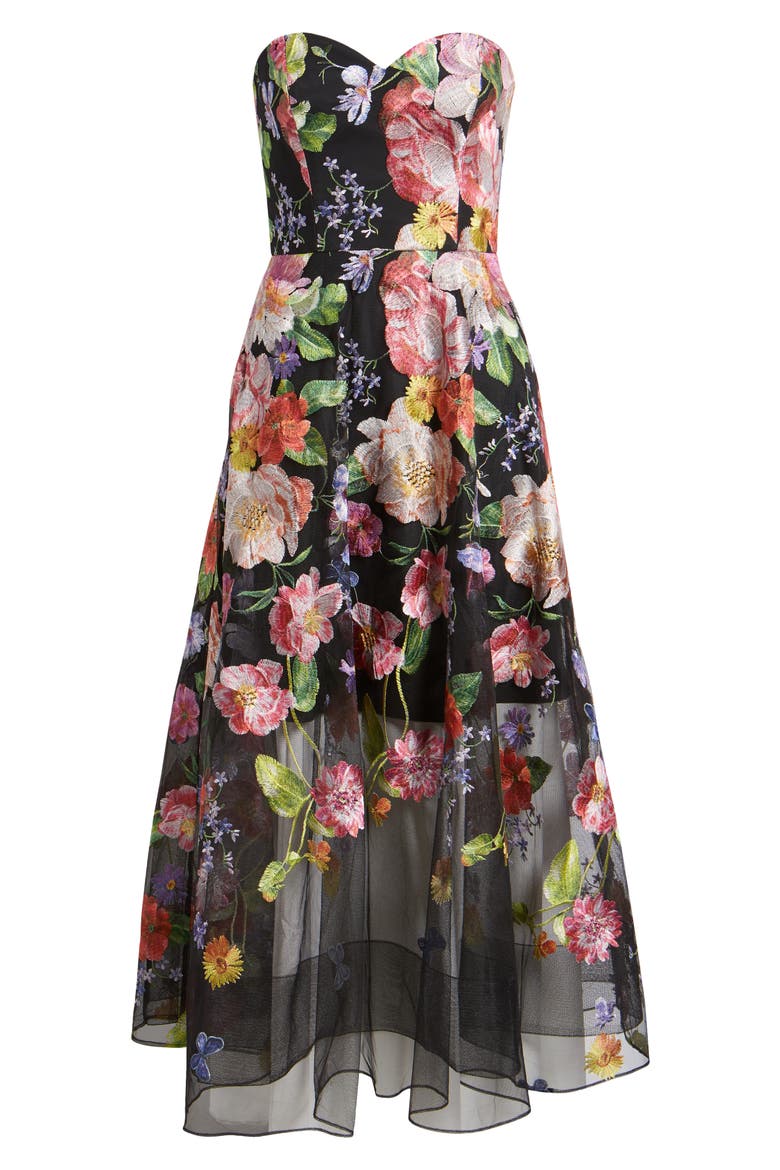 Floral Embroidered Strapless Cocktail Dress, Alternate, color, BLACK/ PINK