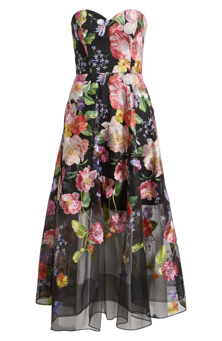 Marchesa Notte Floral Embroidered Strapless Cocktail Dress, Alternate, color, 