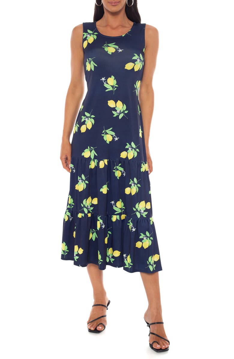 TASH AND SOPHIE Lemon Print Midi Dress, Main, color, Navy Yellow
