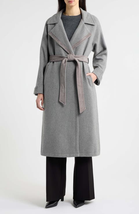 Belted Wool Blend Coat with Faux Suede Trim