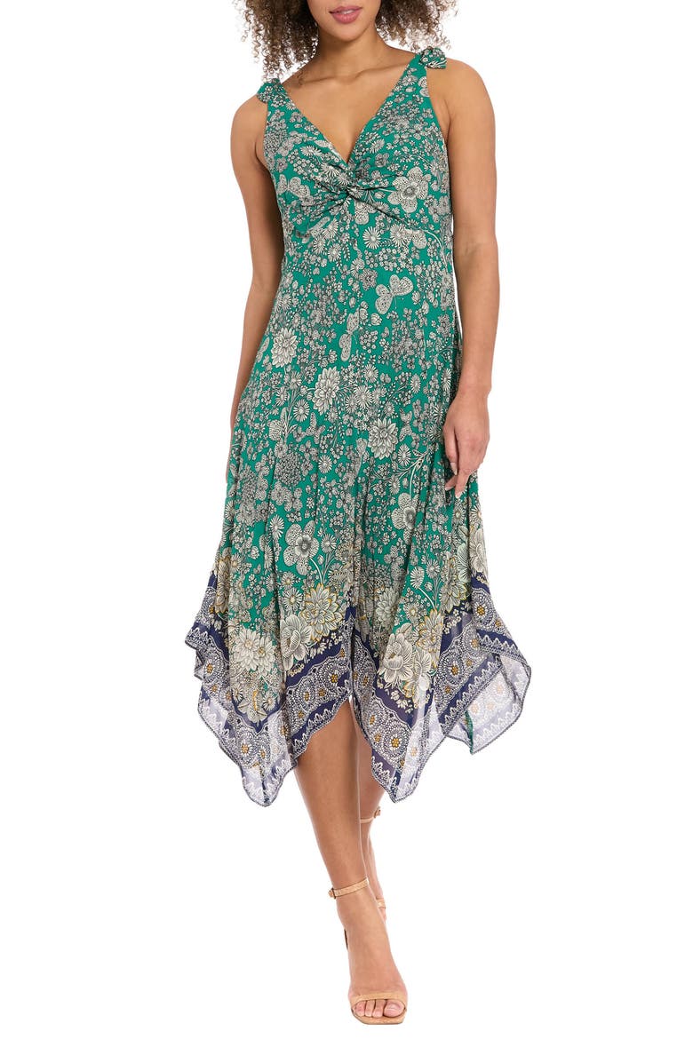 Floral Twist Front Sleeveless Handkerchief Hem Midi Dress, Main, color, IVORY/ GREENLAKE