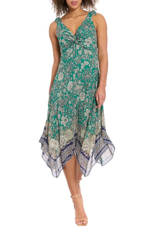 Floral Twist Front Sleeveless Handkerchief Hem Midi Dress