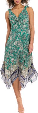 London Times Floral Twist Front Sleeveless Handkerchief Hem Midi Dress