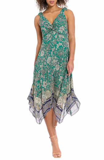 Floral Twist Front Sleeveless Handkerchief Hem Midi Dress