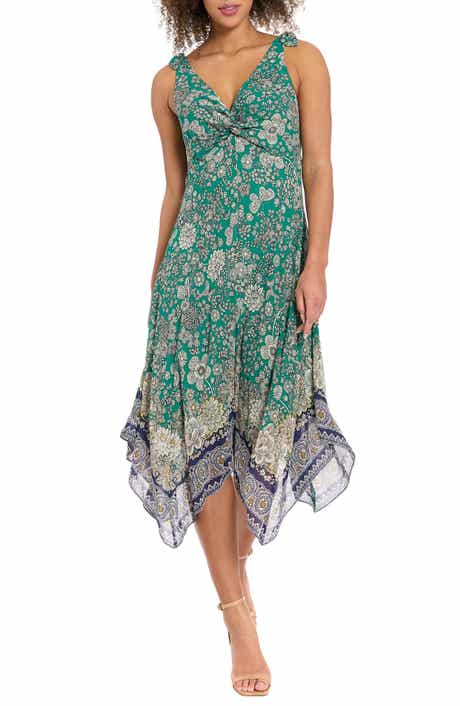 London Times Floral Twist Front Sleeveless Handkerchief Hem Midi Dress
