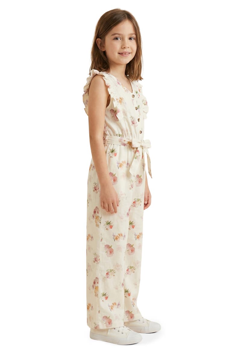 Kids' Floral Print Flutter Sleeve Jumpsuit, Alternate, color, CREAM