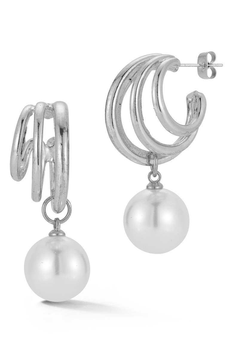 GLAZE JEWELRY Faux Pearl Drop Triple Cage Hoop Earrings, Main, color, Silver