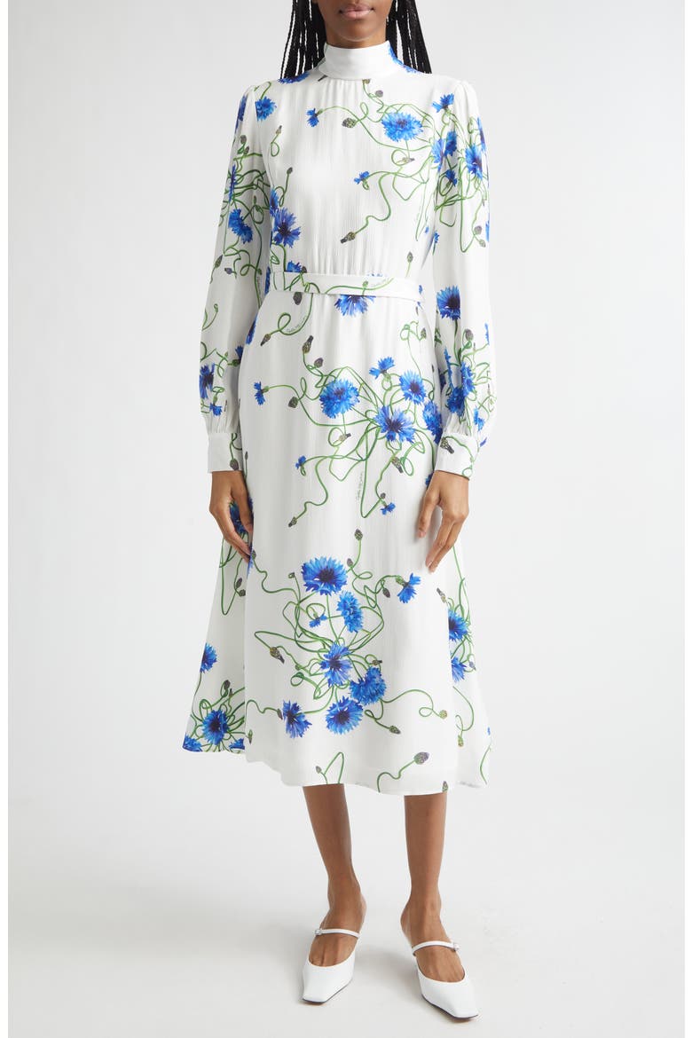 Cornflower Floral Print Long Sleeve Crepe Midi Dress, Main, color, CORNFLOWER