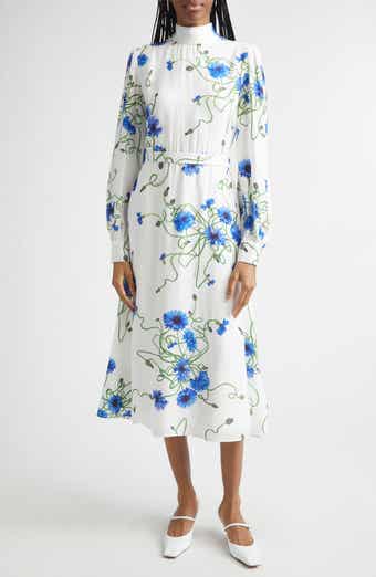 Cornflower Floral Print Long Sleeve Crepe Midi Dress